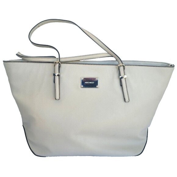 Nine West White Double handle Tote Cream Buckle Accents Pebbled Vegan Leather - Picture 1 of 15